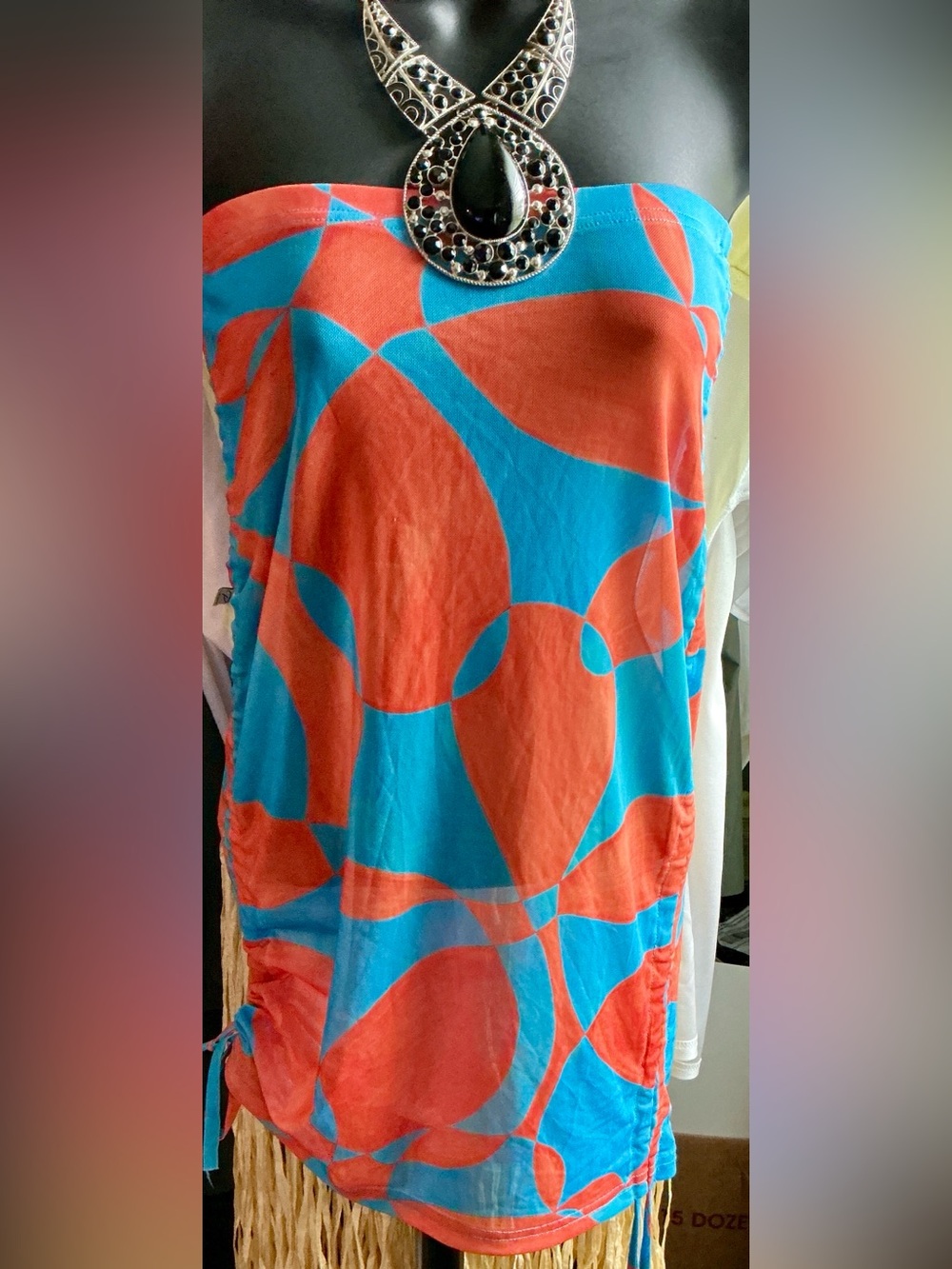 Fabletics Blue and Orange Strapless Swim Cover-Up Small